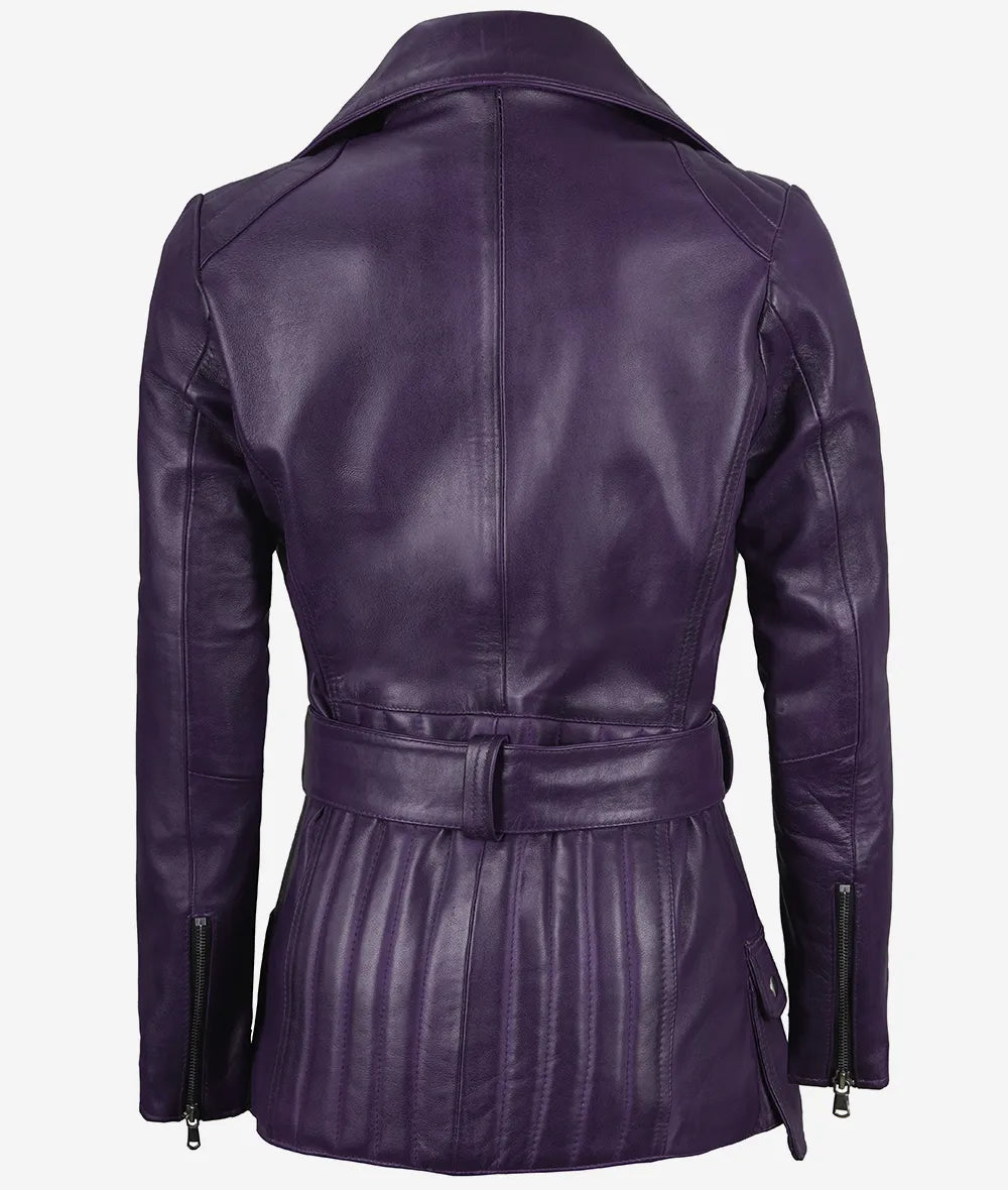 Women's Asymmetrical Purple Belted Biker Style Leather Jacket