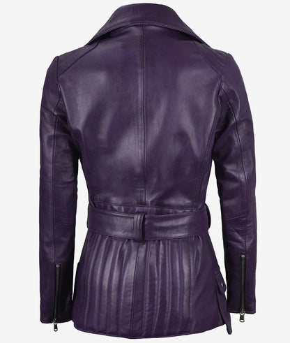 Women's Asymmetrical Purple Belted Biker Style Leather Jacket