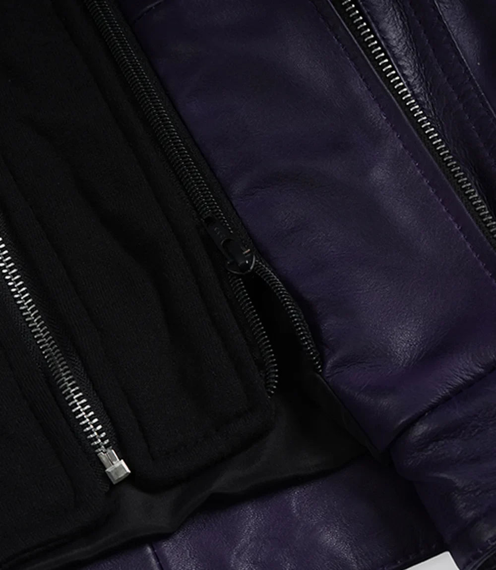Women's Purple Real Leather Jacket With Removable Hood