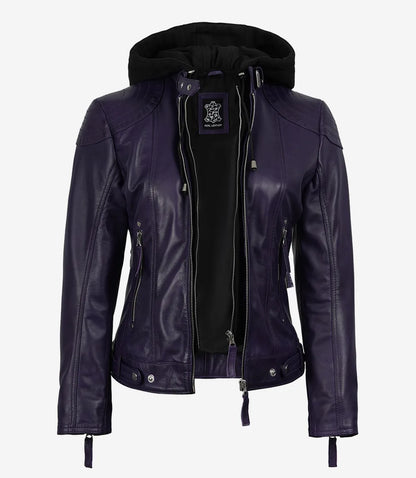 Women's Purple Real Leather Jacket With Removable Hood