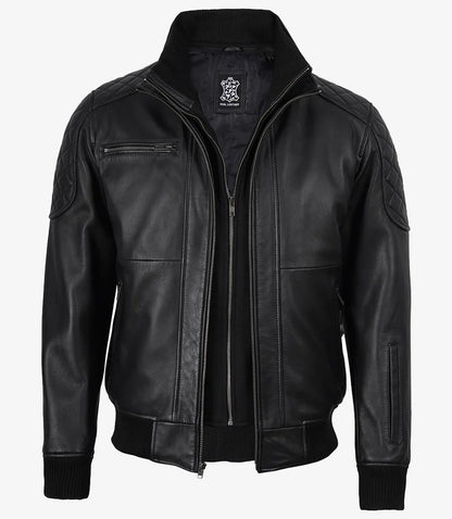 Men's Black Quilted Leather Bomber Jacket with Removable Hood