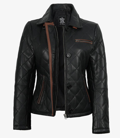 Women's Black Diamond Quilted Leather Jacket with Brown Trim