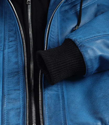 Women's Real Leather Blue Waxed Bomber Jacket with Removable Hood