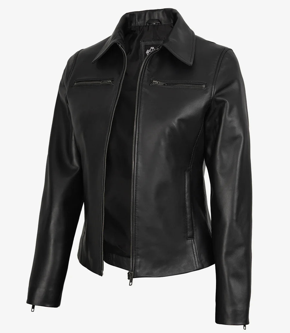 Womens Real Leather Black Harrington Jacket