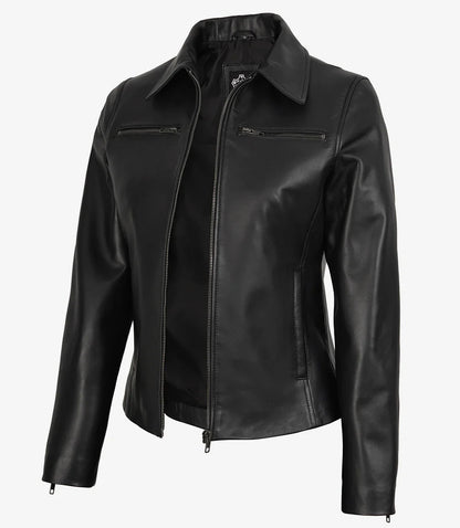 Womens Real Leather Black Harrington Jacket