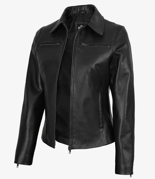 Womens Real Leather Black Harrington Jacket