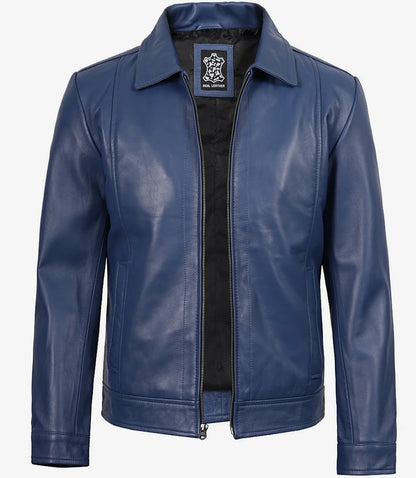 Men's Blue Real Leather Harrington Jacket