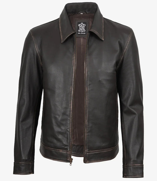 Mens Rub-Off Brown Harrington Leather Jacket
