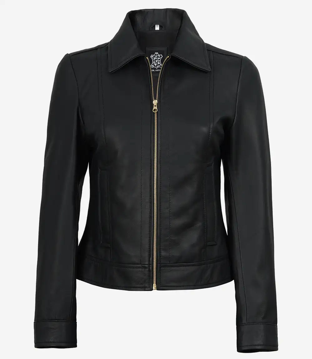 Women's Black Lambskin Harrington Jacket — Gold Hardware & Accents