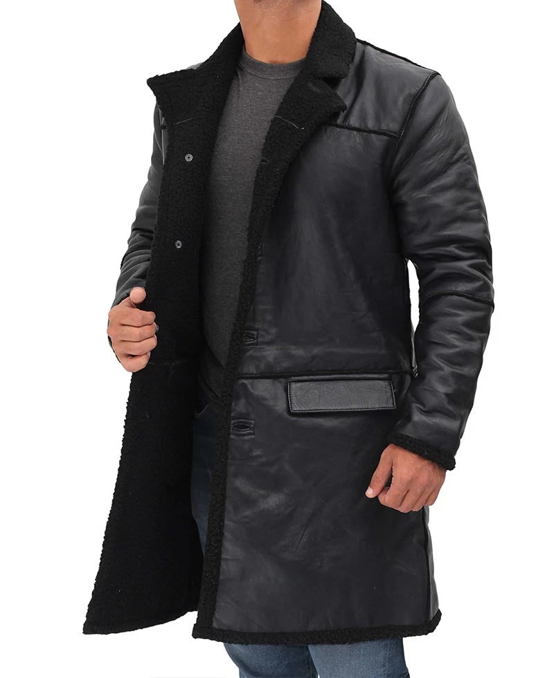 Real Leather Black Sherpa Coat Mens - Winter Coat Max Jackets