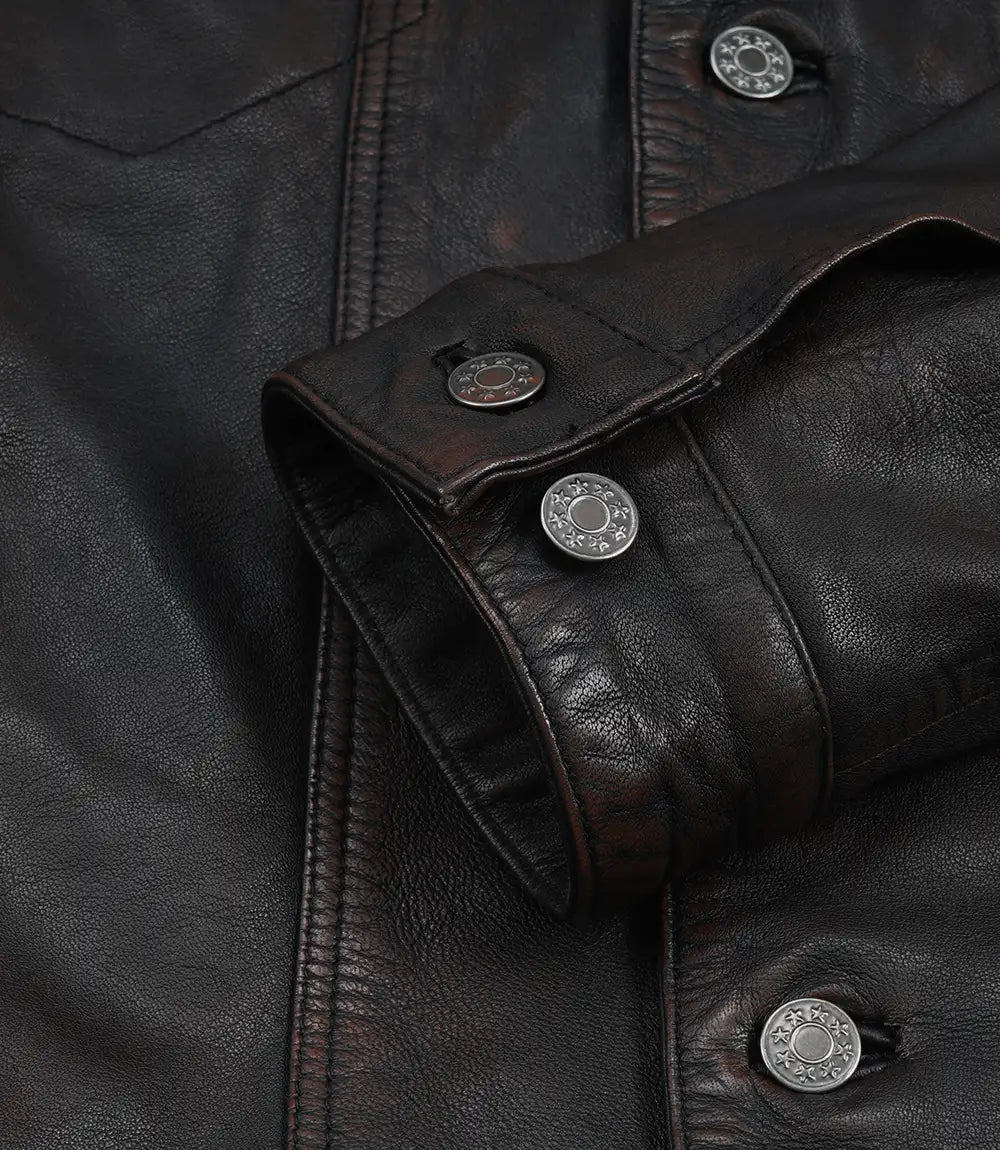 Men's Maroon Distressed Black-Washed Lambskin Trucker Jacket