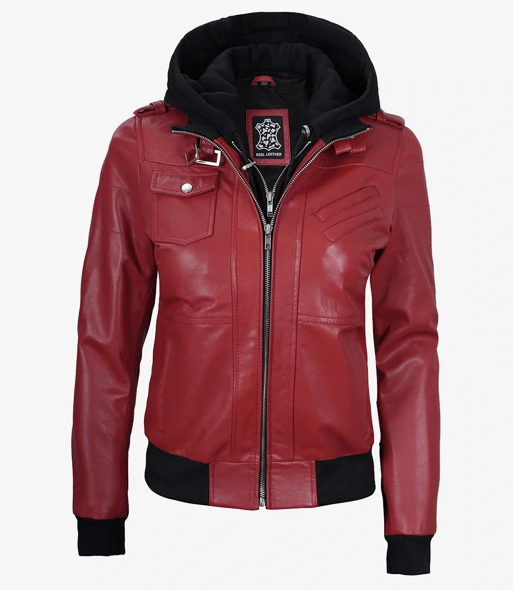 Women's Red Lambskin Jacket with Removable Hood