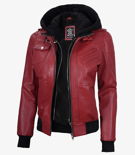 Women's Red Lambskin Jacket with Removable Hood