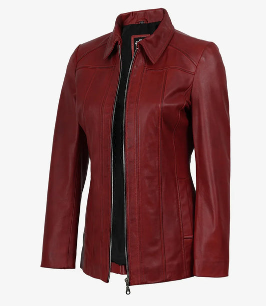 Marsha Women’s Red Leather Walking Coat – Shirt Collar