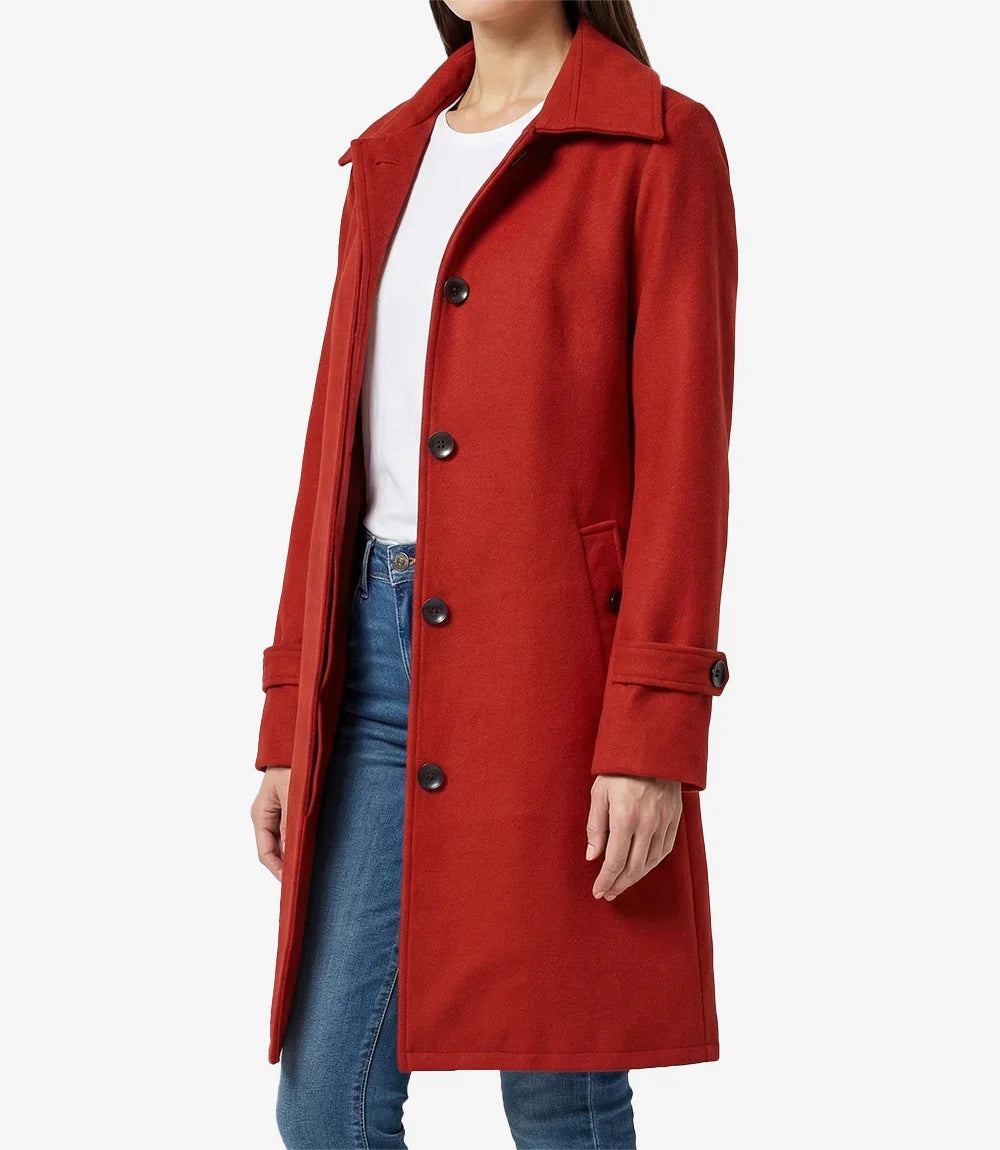 Womens Knee Length Red Wool Blend Coat