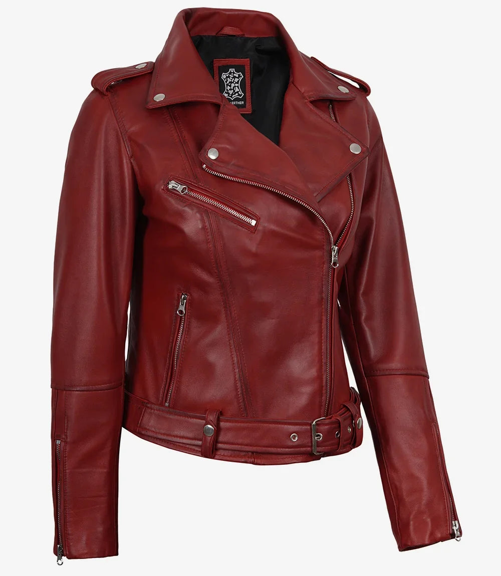 Women's Red Asymmetrical Biker Style Leather Jacket