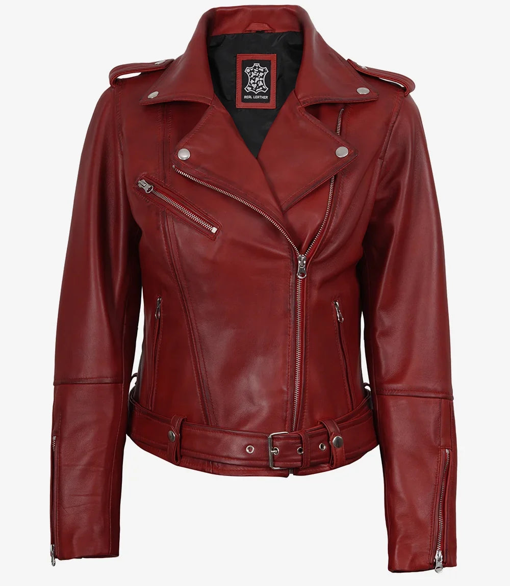 Women's Red Asymmetrical Biker Style Leather Jacket
