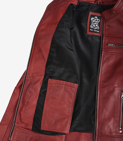 Womens Real Leather Red Waxed Biker Style Jacket