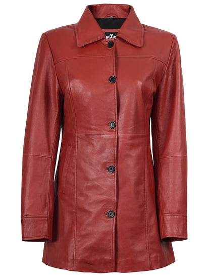 Kandis Women Red Real Leather Car Coat