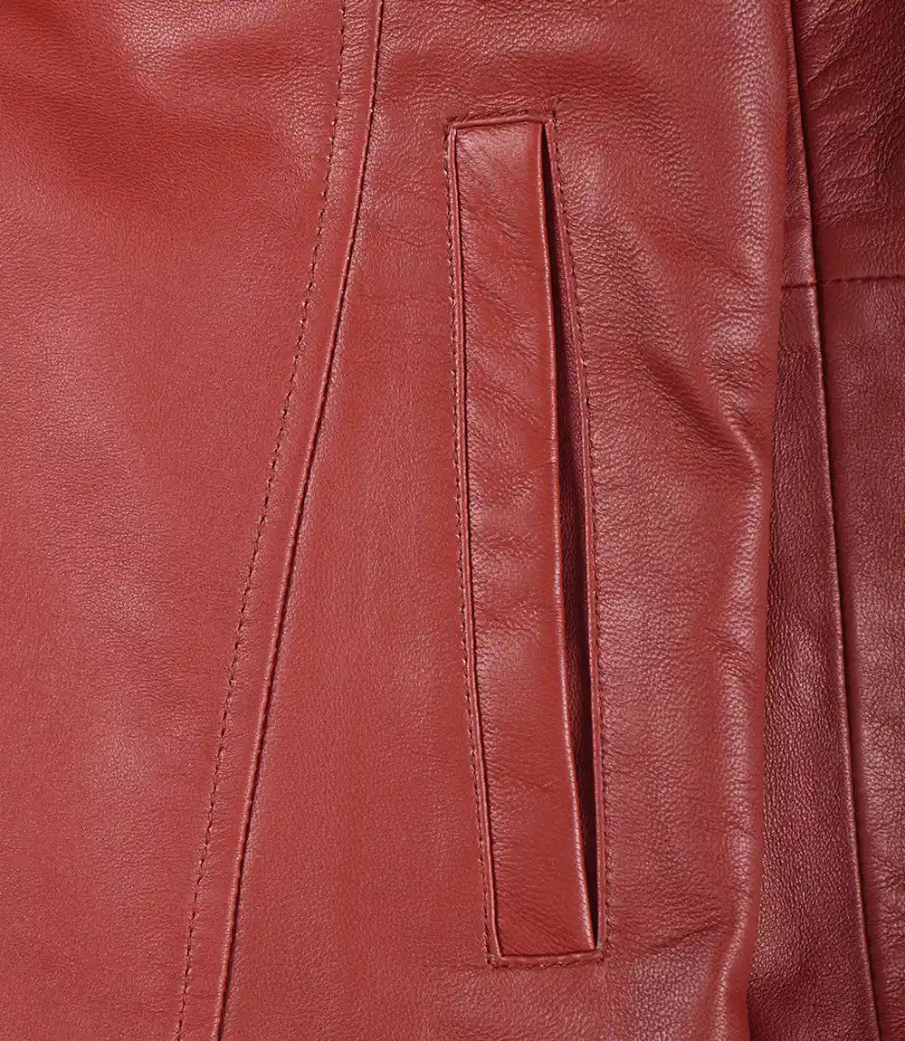 Womens Real Lambskin Leather Red Car Coat