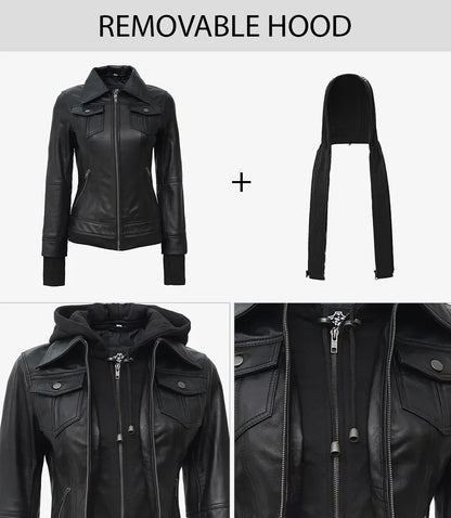 Womens Petite Black Bomber Leather Jacket With Removable Hood