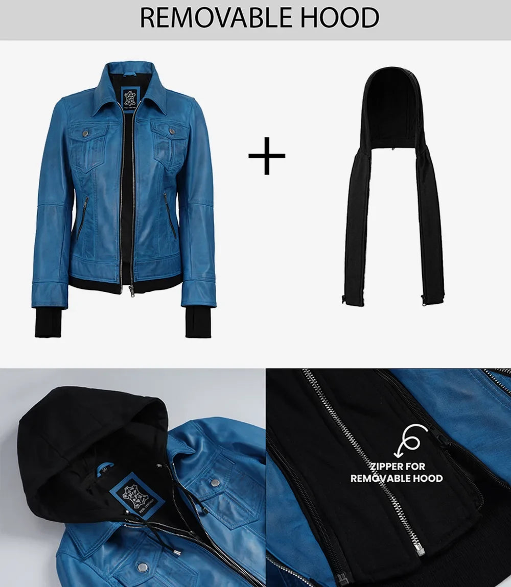 Women's Vivid Blue Lambskin Leather Jacket - Removable Hood