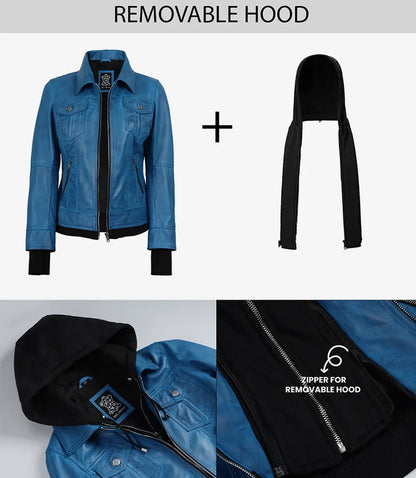 Women's Vivid Blue Lambskin Leather Jacket - Removable Hood