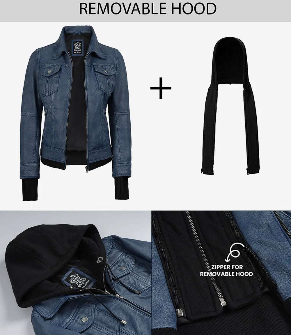 The Céleste: Womens Blue Washed Bomber Leather Jacket with Removable Hood