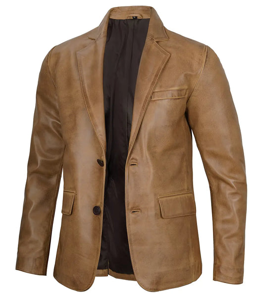 Men's Camel Brown Two-Button Leather Blazer