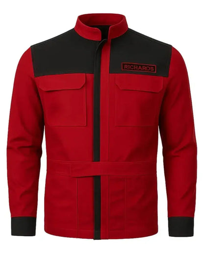 The Running Man 2025 Glen Powell Red and Black Jacket
