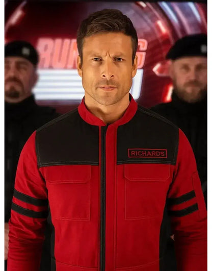 The Running Man 2025 Glen Powell Red and Black Jacket
