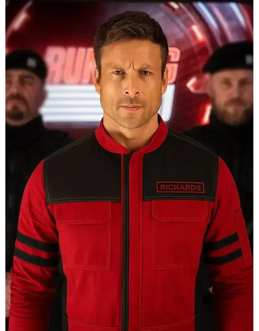 The Running Man 2025 Glen Powell Red and Black Jacket
