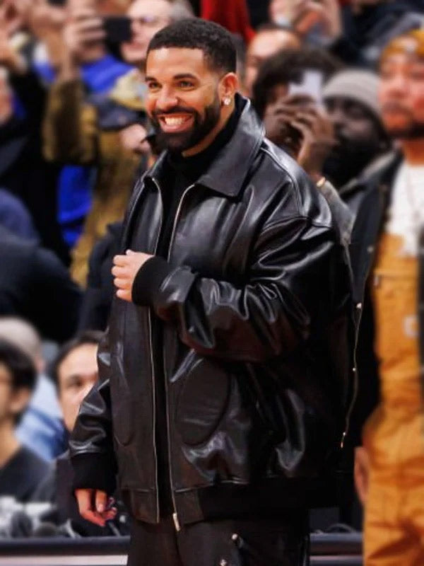 Drake NBA Game 2025 Black Leather Bomber Jacket Max Jackets