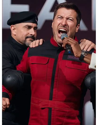 The Running Man 2025 Glen Powell Red and Black Jacket