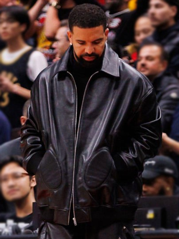 Drake NBA Game 2025 Black Leather Bomber Jacket Max Jackets