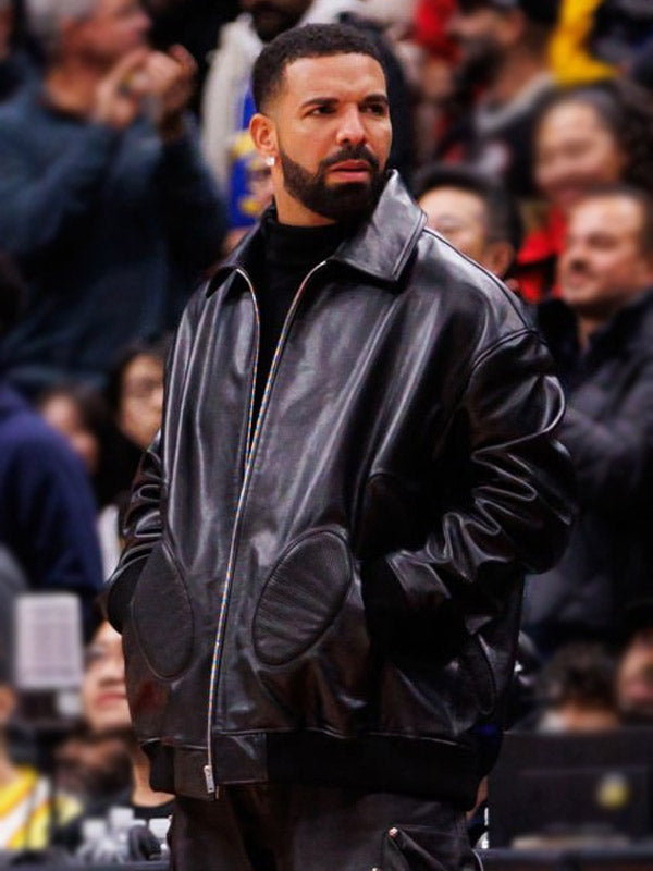 Drake NBA Game 2025 Black Leather Bomber Jacket Max Jackets