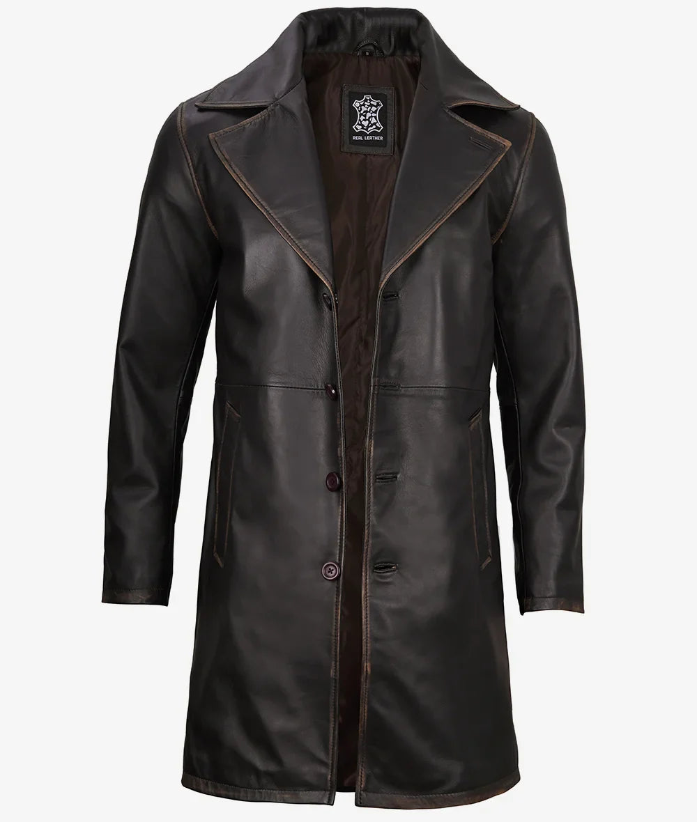 Mens Real Leather Distressed Brown Car Coat