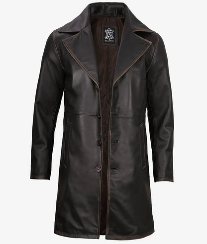 Mens Real Leather Distressed Brown Car Coat