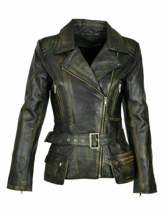 Brando Distressed Women Biker Jacket, Brown