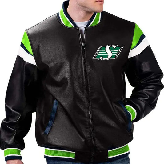 Saskatchewan Roughriders Black Leather Bomber Jacket