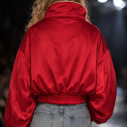 Vintage Red Satin Toggle-Closure Bomber Jacket