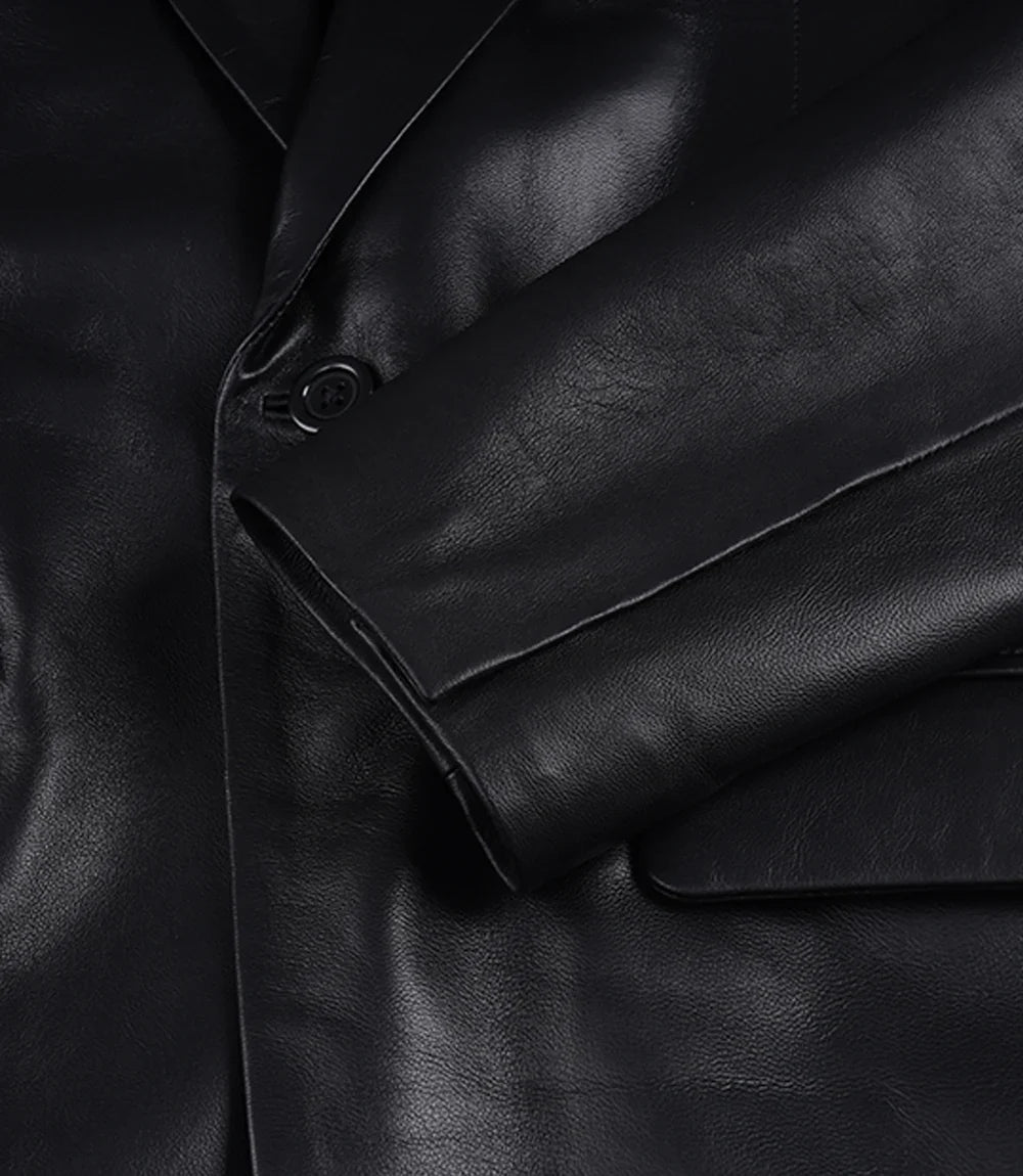Men's Single Button Black Leather Blazer - Shawl Lapel
