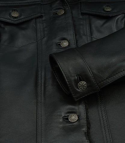 Women's Black Leather Trucker Jacket with Sherpa Lining