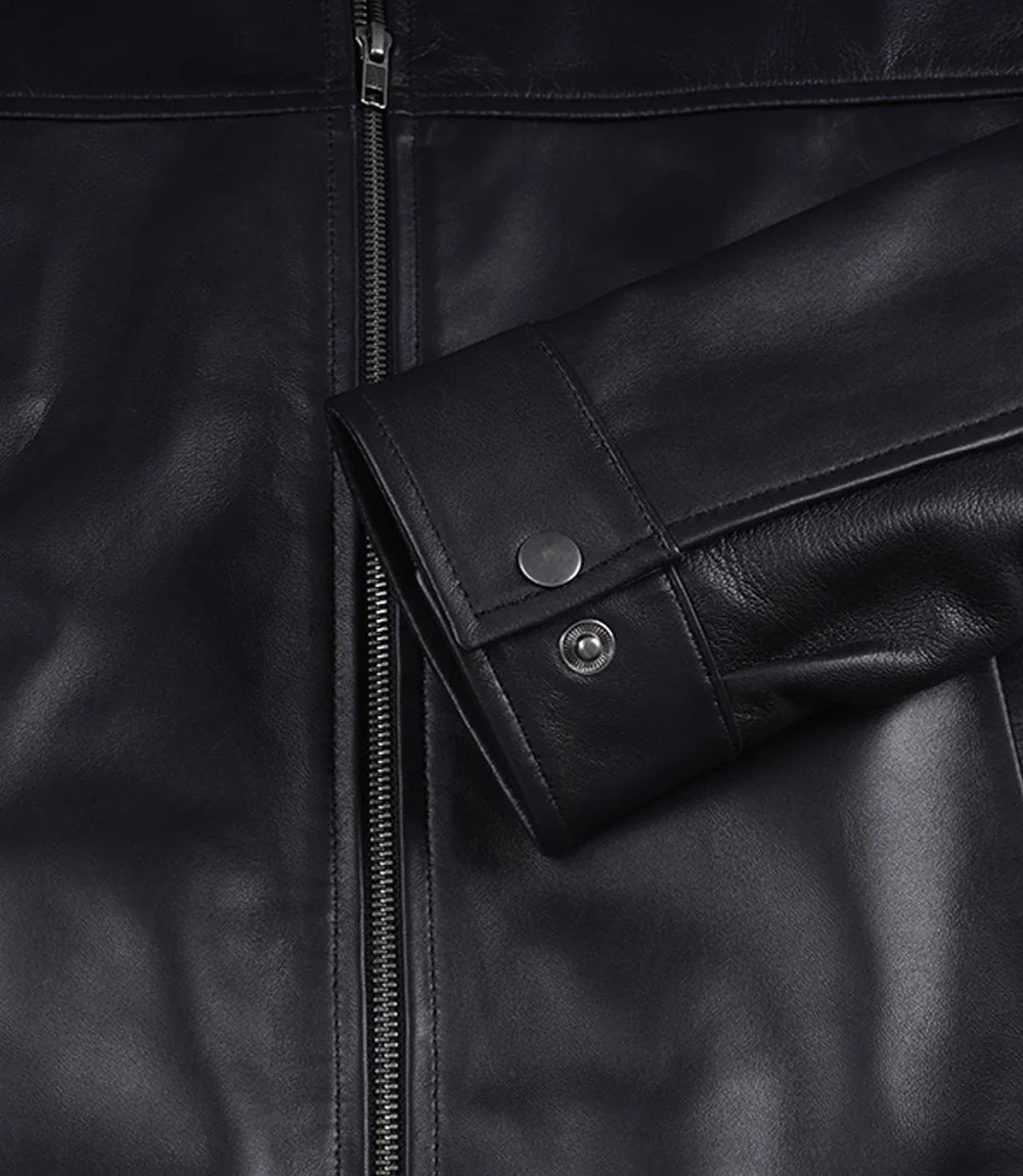 Black Classic Shirt Collar Leather Bomber Jacket for Men