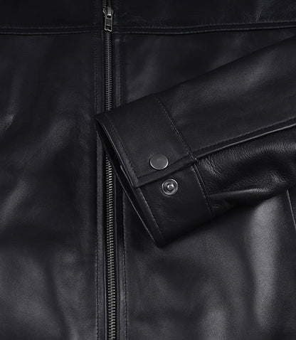 Black Classic Shirt Collar Leather Bomber Jacket for Men