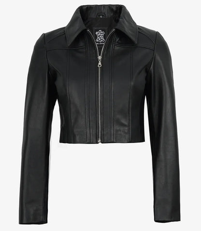 Women's Black Cropped Lambskin Harrington Jacket