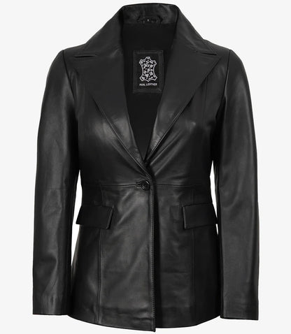 Womens Peak Lapel Black Leather Blazer - Single Button Closure