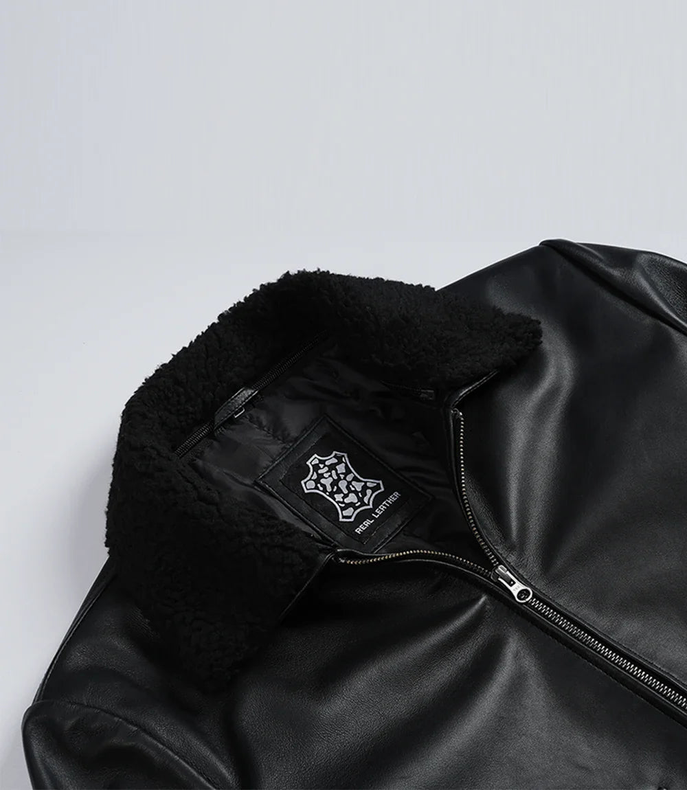 Men's Black Leather Aviator Jacket with Detachable Faux Shearling Collar