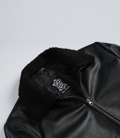 Men's Black Leather Aviator Jacket with Detachable Faux Shearling Collar