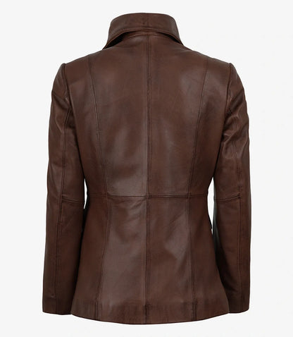 Women's Single-Button Lambskin Leather Blazer – Brown Cognac Wax